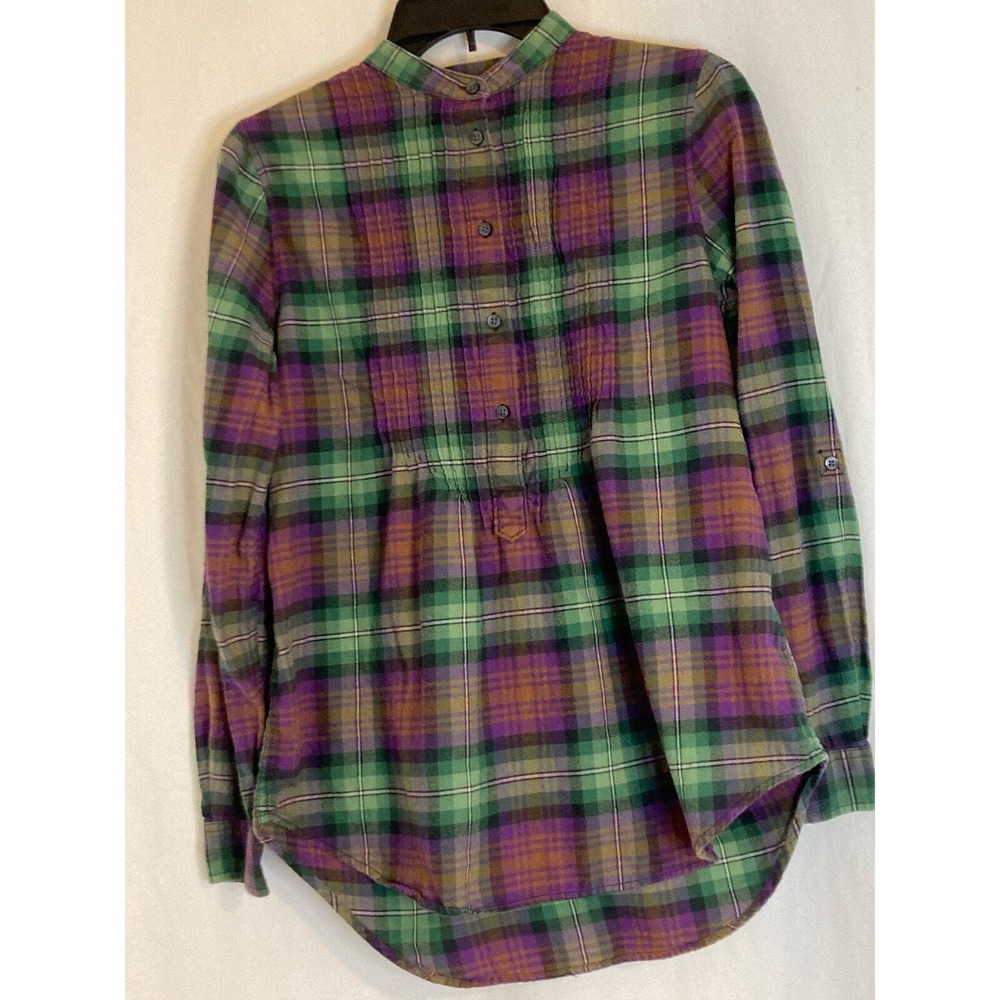 Lands End Womens Plaid Button Up Shirt Long Sleeve Band Collar‎ Cotton Size 4
